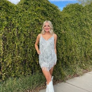Amazing Lace Shake It My Way Short Sequin Fringe Mini Dress in Silver
